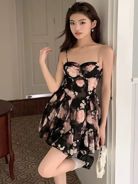 Sexy Flowers Printing Black Strapless Off Shoulder A-Line Slim Mini Dress CODE: KAR5119