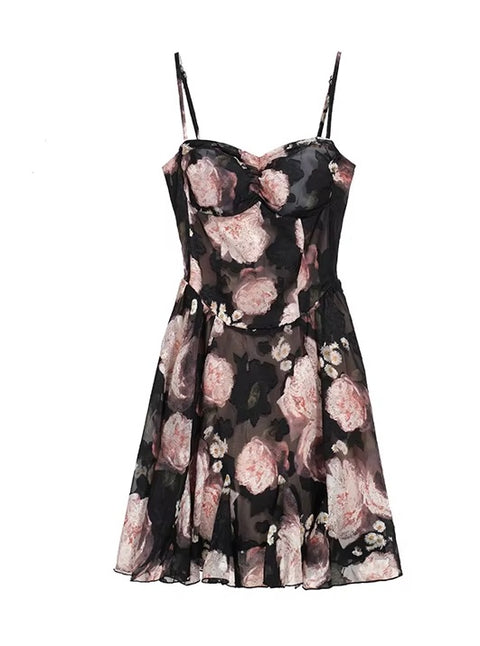Sexy Flowers Printing Black Strapless Off Shoulder A-Line Slim Mini Dress CODE: KAR5119