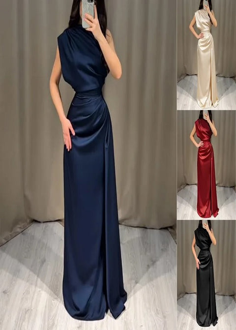 New Satin Crew Neck Solid Skirt Middle Waist Pleated Long Dress CODE: KAR5122