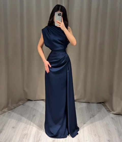 New Satin Crew Neck Solid Skirt Middle Waist Pleated Long Dress CODE: KAR5122