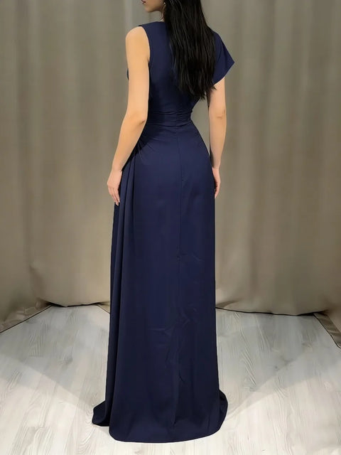 New Satin Crew Neck Solid Skirt Middle Waist Pleated Long Dress CODE: KAR5122