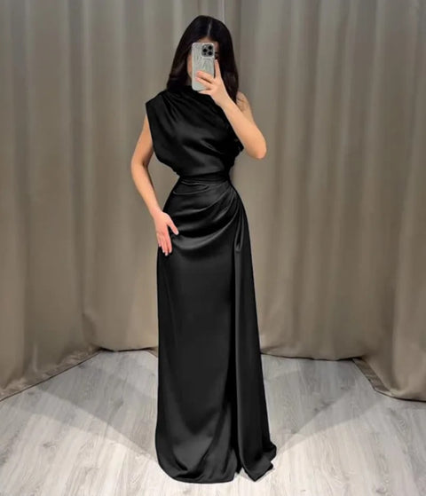 New Satin Crew Neck Solid Skirt Middle Waist Pleated Long Dress CODE: KAR5122