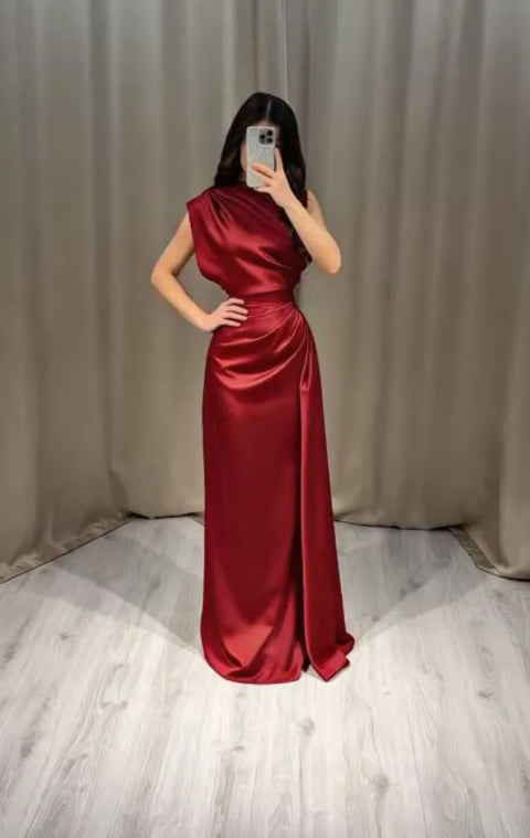 New Satin Crew Neck Solid Skirt Middle Waist Pleated Long Dress CODE: KAR5122