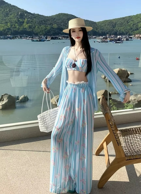 New Striped Long Sleeve Cover Up High Waist Pants Swimsuit CODE: KAR5126