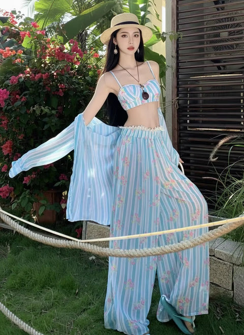 New Striped Long Sleeve Cover Up High Waist Pants Swimsuit CODE: KAR5126