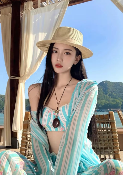 New Striped Long Sleeve Cover Up High Waist Pants Swimsuit CODE: KAR5126