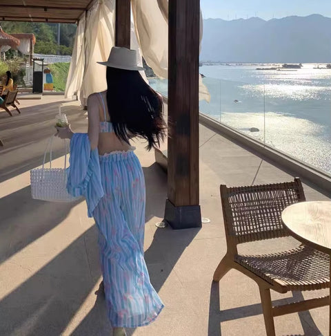 New Striped Long Sleeve Cover Up High Waist Pants Swimsuit CODE: KAR5126