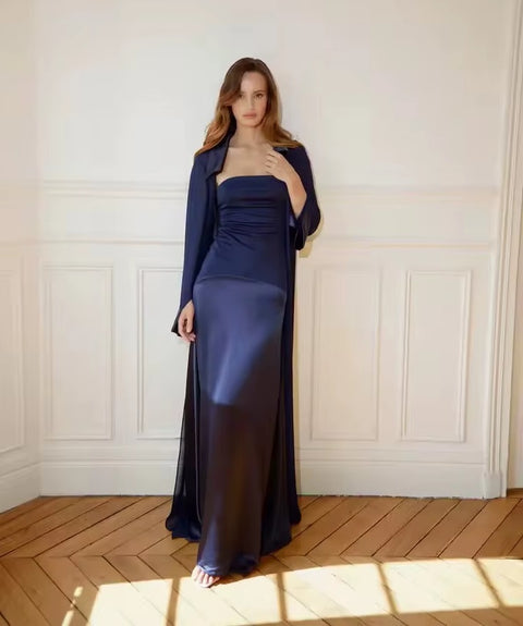 New flip collar long-sleeved transparent blouse + long tube top dress CODE: KAR5127