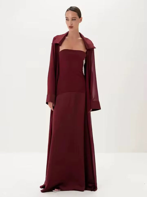 New flip collar long-sleeved transparent blouse + long tube top dress CODE: KAR5127