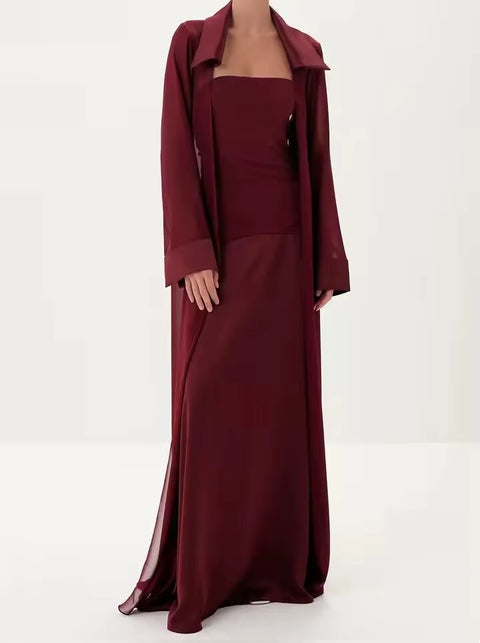 New flip collar long-sleeved transparent blouse + long tube top dress CODE: KAR5127