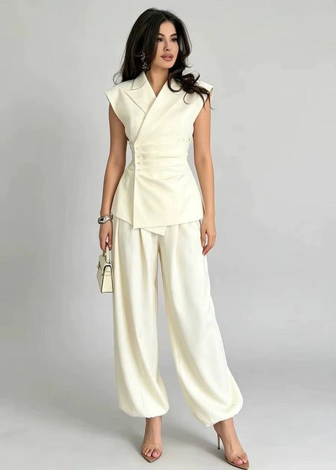 New Blazer Vest Ruched High Waist Wide Leg Pants Set CODE: KAR5129