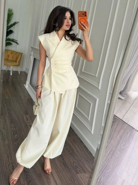New Blazer Vest Ruched High Waist Wide Leg Pants Set CODE: KAR5129