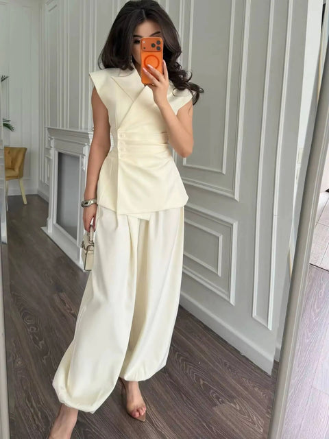 New Blazer Vest Ruched High Waist Wide Leg Pants Set CODE: KAR5129