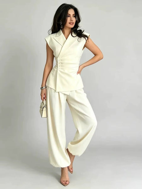 New Blazer Vest Ruched High Waist Wide Leg Pants Set CODE: KAR5129