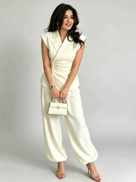 New Blazer Vest Ruched High Waist Wide Leg Pants Set CODE: KAR5129