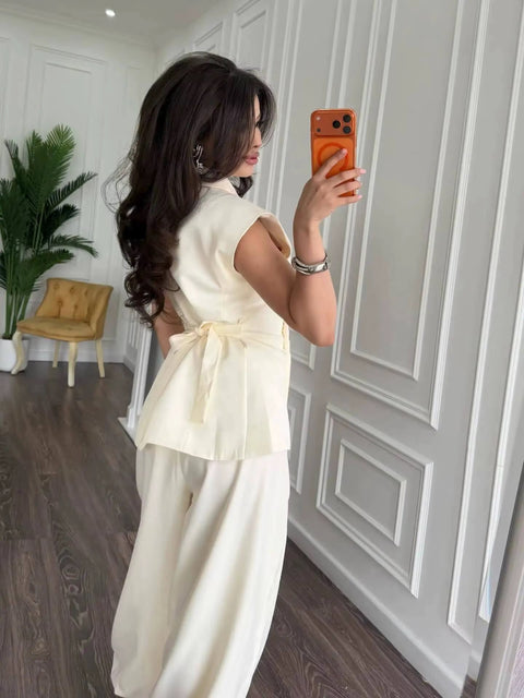 New Blazer Vest Ruched High Waist Wide Leg Pants Set CODE: KAR5129