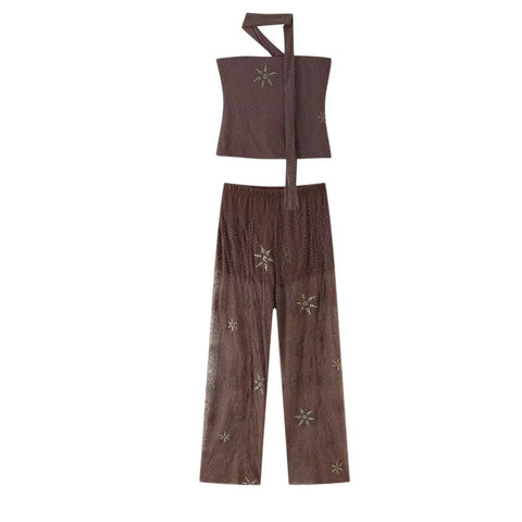 New Fashion Sequin Crop Tube Top Mid-Waist Wide Pant Set CODE: KAR5132