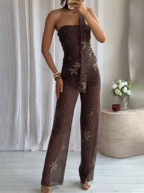 New Fashion Sequin Crop Tube Top Mid-Waist Wide Pant Set CODE: KAR5132