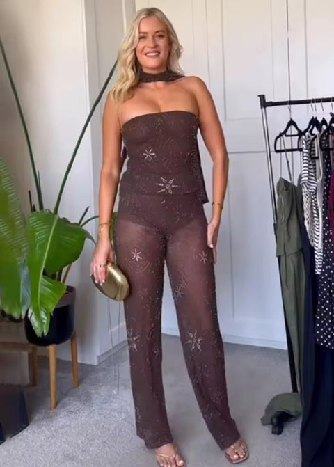 New Fashion Sequin Crop Tube Top Mid-Waist Wide Pant Set CODE: KAR5132