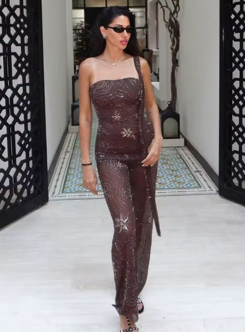 New Fashion Sequin Crop Tube Top Mid-Waist Wide Pant Set CODE: KAR5132