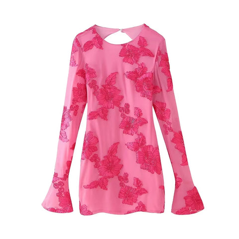 New Fashion Long Flared Sleeves Floral Print Bodycon Mini Dress : KAR5133