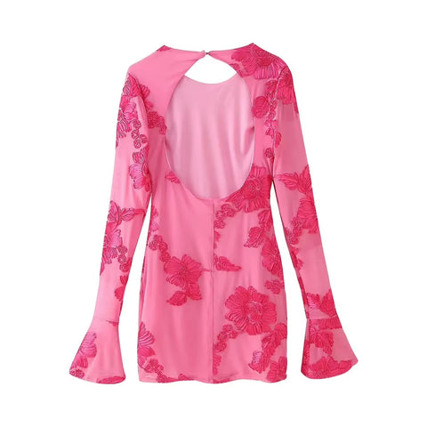 New Fashion Long Flared Sleeves Floral Print Bodycon Mini Dress : KAR5133