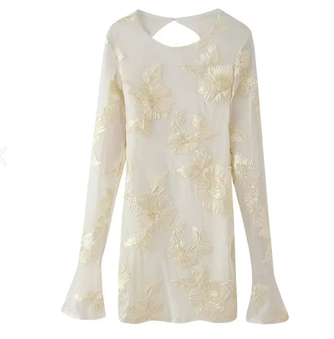 New Fashion Long Flared Sleeves Floral Print Bodycon Mini Dress : KAR5133