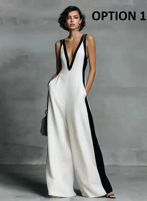 New V Neck Sleeveless Wide Leg High Waist Draped Jumpsuit CODE: KAR5136