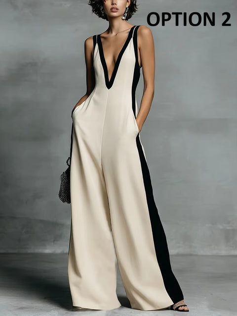 New V Neck Sleeveless Wide Leg High Waist Draped Jumpsuit CODE: KAR5136