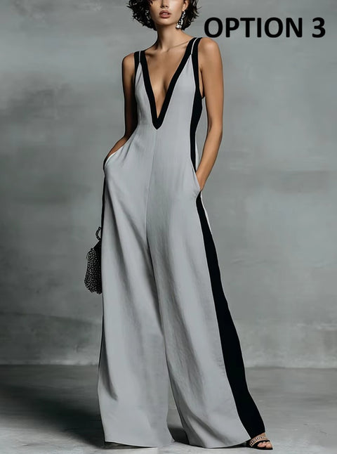 New V Neck Sleeveless Wide Leg High Waist Draped Jumpsuit CODE: KAR5136