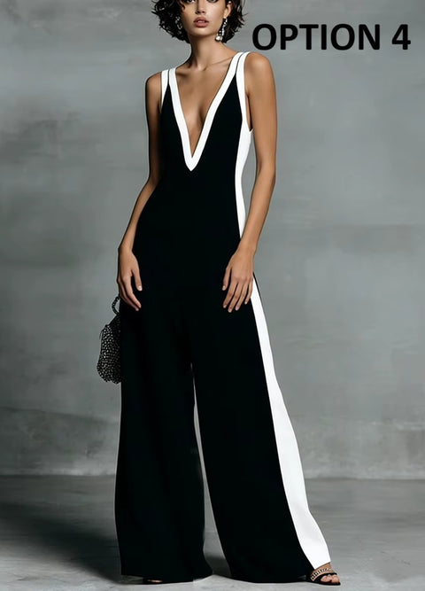 New V Neck Sleeveless Wide Leg High Waist Draped Jumpsuit CODE: KAR5136