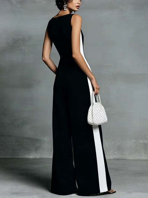 New V Neck Sleeveless Wide Leg High Waist Draped Jumpsuit CODE: KAR5136