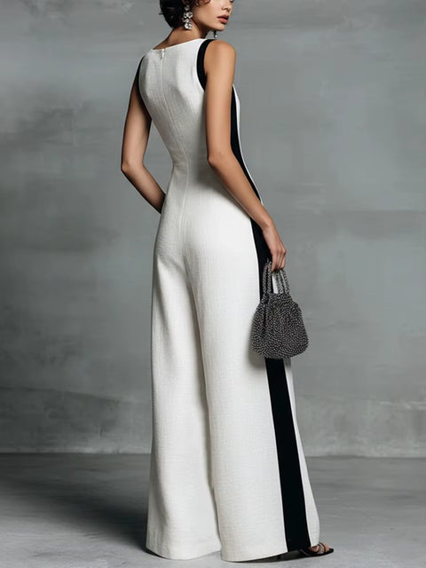 New V Neck Sleeveless Wide Leg High Waist Draped Jumpsuit CODE: KAR5136