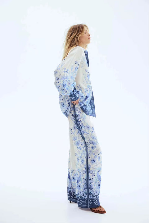 New High Waist Floral Print Long Sleeve Shirt Pants Set CODE: KAR5169