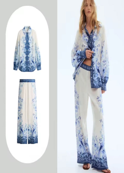 New High Waist Floral Print Long Sleeve Shirt Pants Set CODE: KAR5169