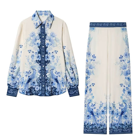 New High Waist Floral Print Long Sleeve Shirt Pants Set CODE: KAR5169