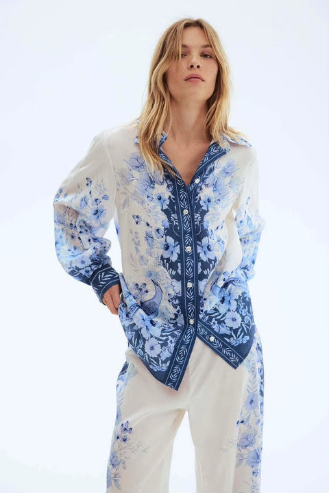 New High Waist Floral Print Long Sleeve Shirt Pants Set CODE: KAR5169