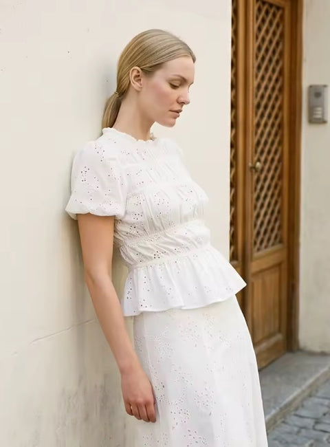 New Casual Solid Eyelet Top Maxi Skirts Sets CODE: KAR5171