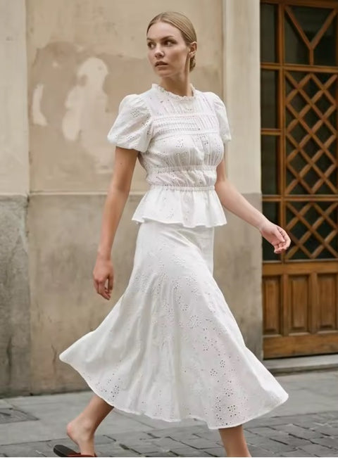 New Casual Solid Eyelet Top Maxi Skirts Sets CODE: KAR5171