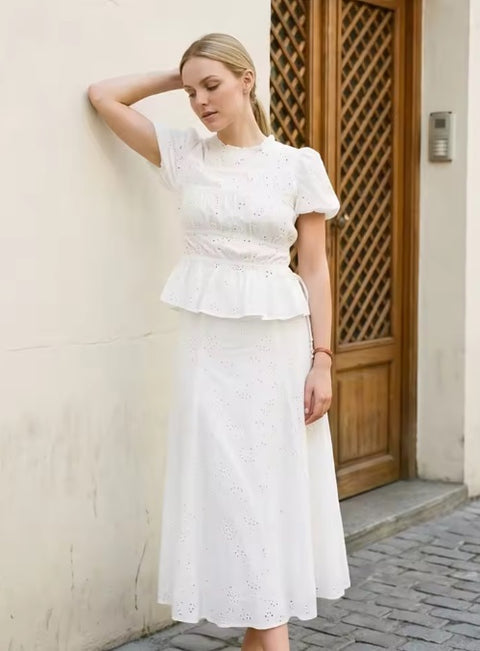 New Casual Solid Eyelet Top Maxi Skirts Sets CODE: KAR5171