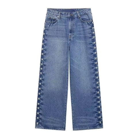 New Y2K Style Washed Blue Rivet Design Baggy Pant CODE: KAR5173