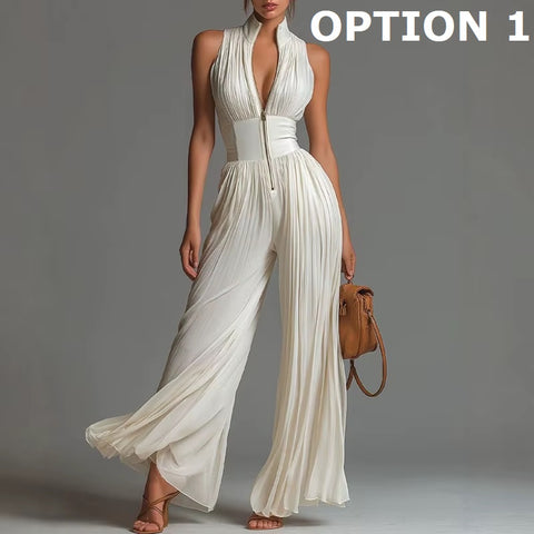 New High Waist Pleated Flowy Wide Leg Jumpsuit CODE: KAR5188