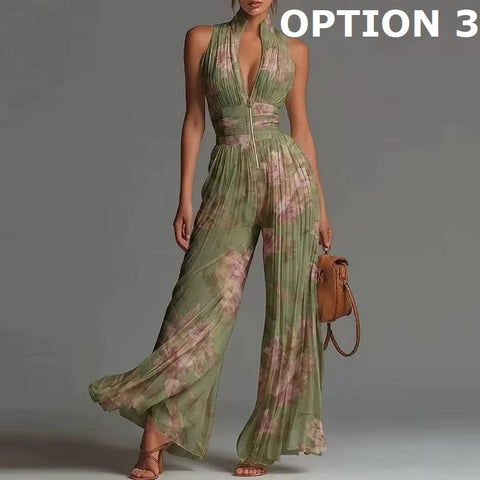 New High Waist Pleated Flowy Wide Leg Jumpsuit CODE: KAR5188