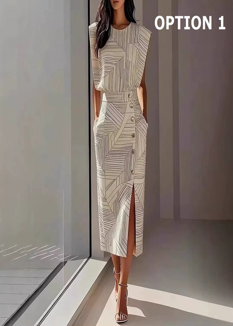 New Print Sleeveless O Neck Vest Slim Skirt Set CODE: KAR5190
