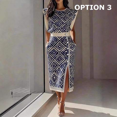 New Print Sleeveless O Neck Vest Slim Skirt Set CODE: KAR5190