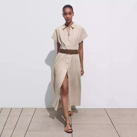 New Fashion Belt Pleated Short Sleeve Blended Midi Dress CODE: KAR5192
