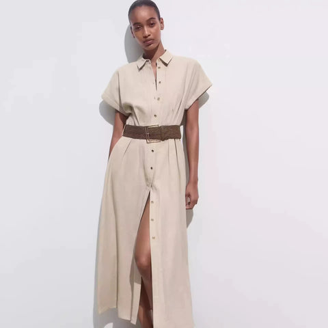 New Fashion Belt Pleated Short Sleeve Blended Midi Dress CODE: KAR5192