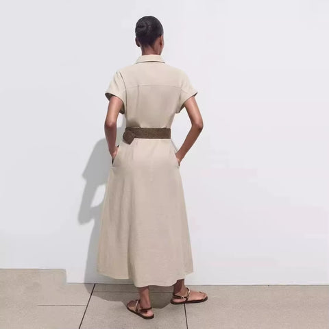 New Fashion Belt Pleated Short Sleeve Blended Midi Dress CODE: KAR5192