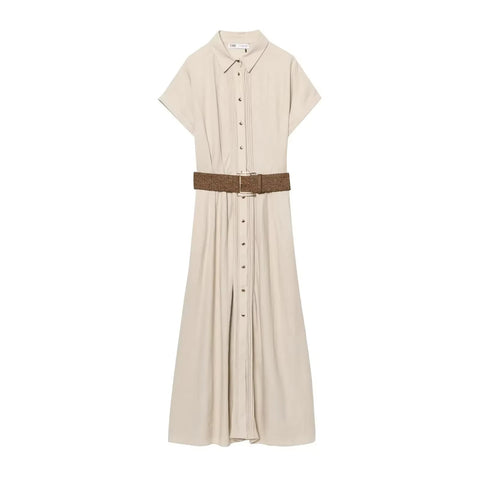 New Fashion Belt Pleated Short Sleeve Blended Midi Dress CODE: KAR5192