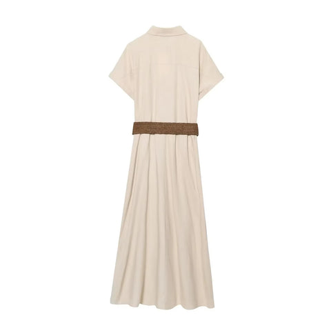New Fashion Belt Pleated Short Sleeve Blended Midi Dress CODE: KAR5192
